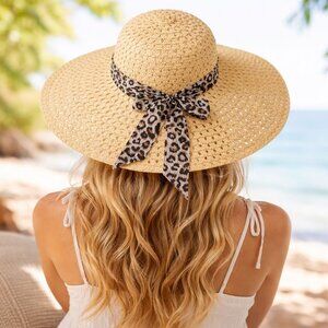 Floppy Straw Sun Hat Wide Brim Leopard Bow Summer Beach Cruise Vacation One Size